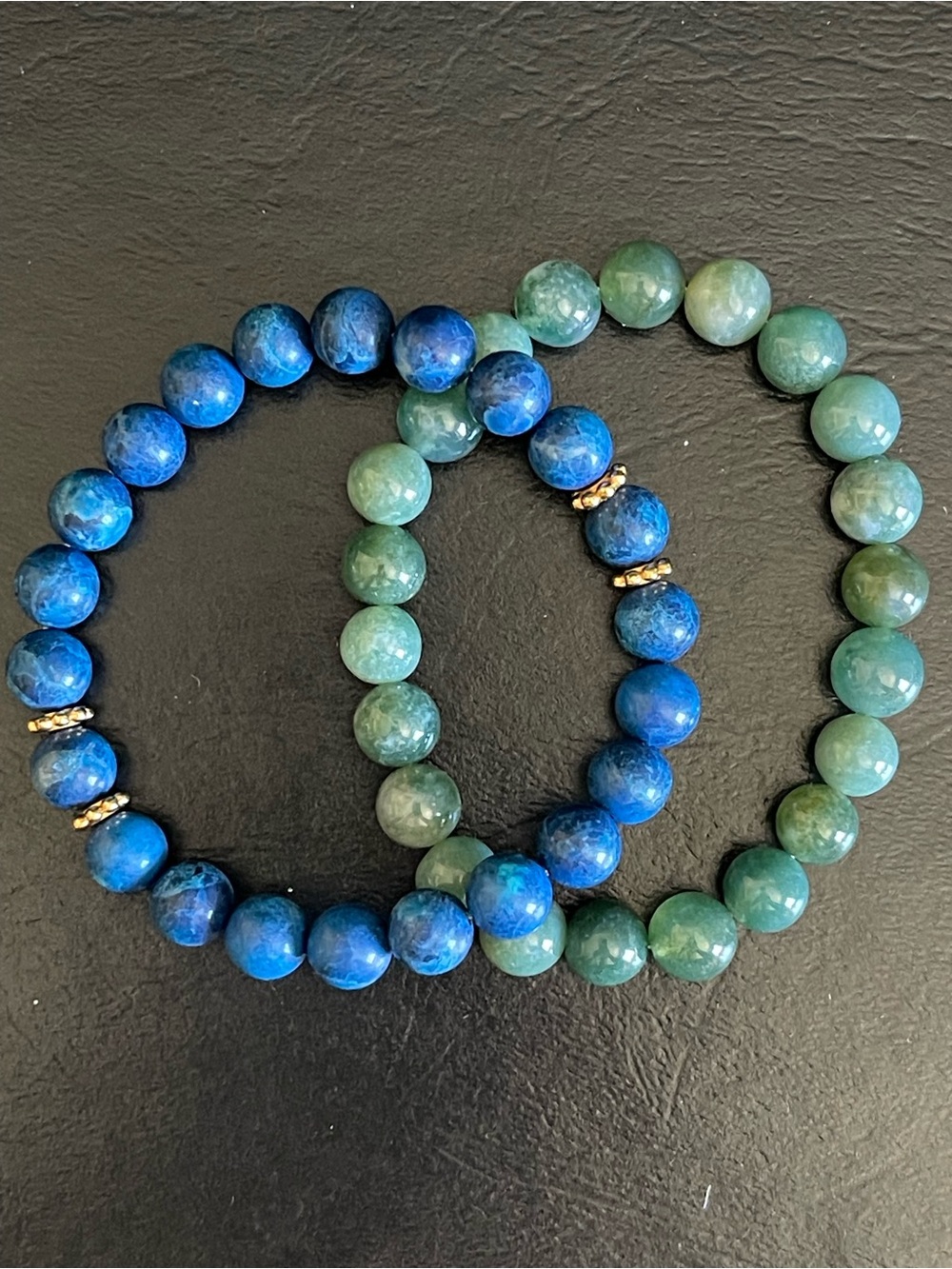 Blue & Green Beaded Stretch Bracelets - Natural Stone Set